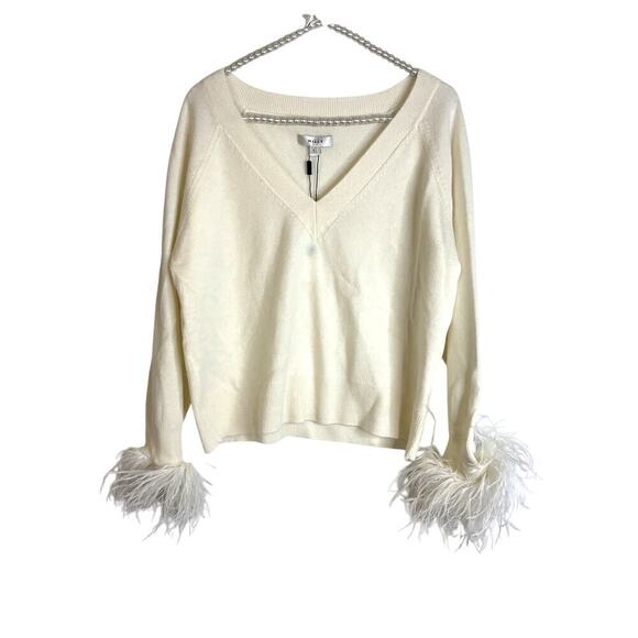 Milly Women's Wool/Cashmere Feather Cuffed V Neck Sweater in Ecru Size Large NWT - Picture 1 of 6